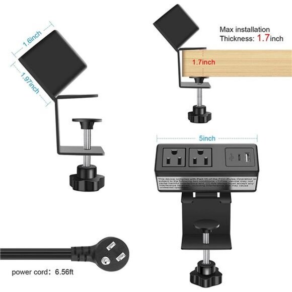 Desk Edge Power Strip with 1 USB 1 USB-C 20W PD Removable Clamp - Picture 2 of 7